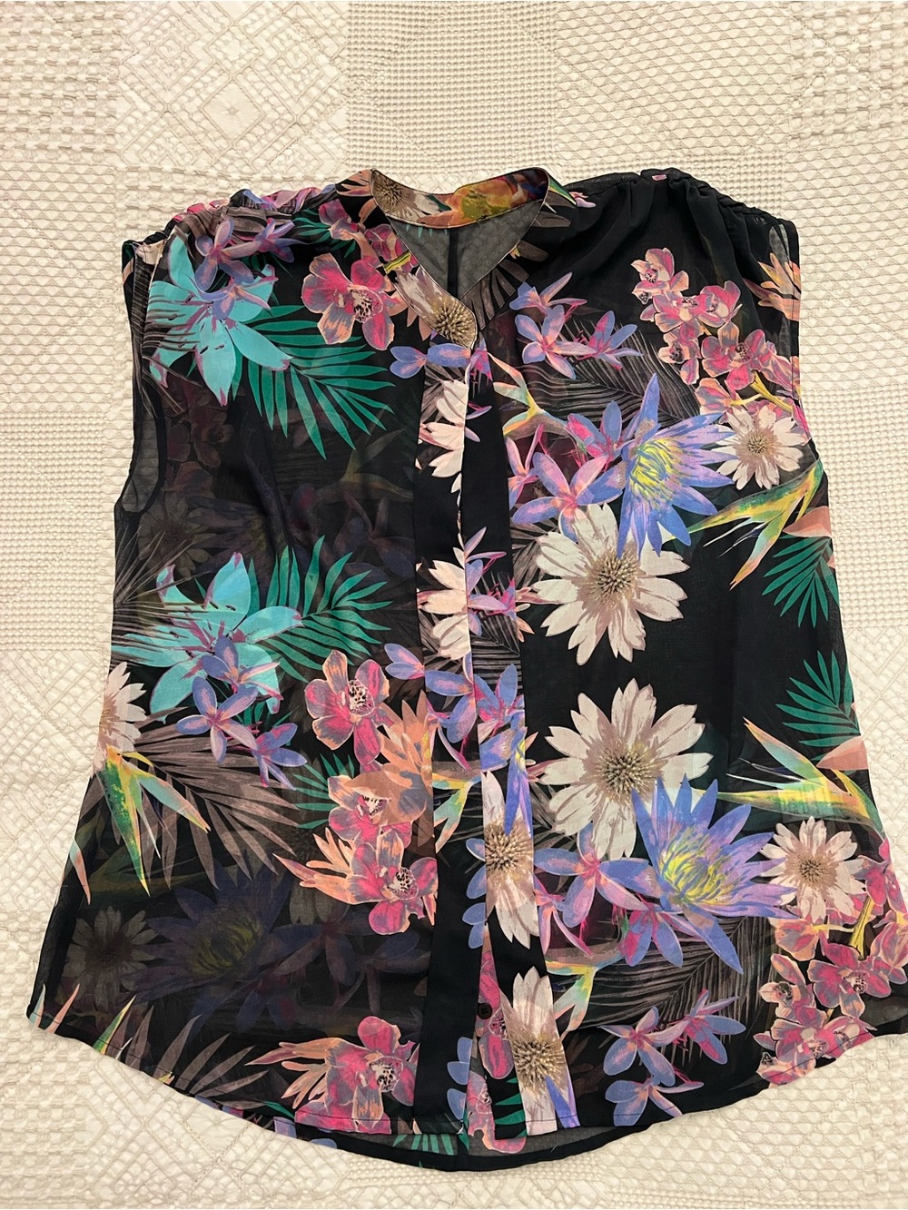 Anthropologie Blue Tropical Floral Sleeveless Blouse top shirt size M